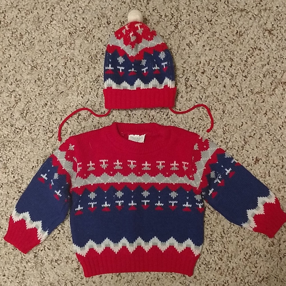 Vintage baby boys japanese sweater and matching hat size 24 mo